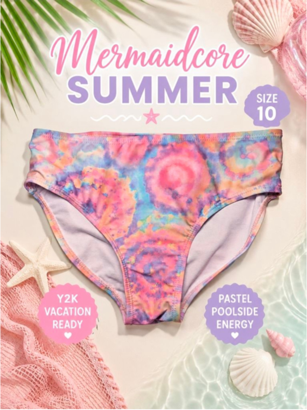 Andy & Evan Pastel Tie Dye Bikini Bottoms Y2K Mermaidcore Swim Size 10 NWOT